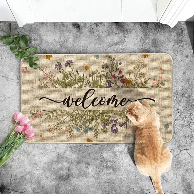 Artoid Mode Wild Flowers Welcome Spring Doormat,Home Decor Door Mat Low-Profile Switch Rug Floor Mat for Indoor Outdoor 17x29 Inch