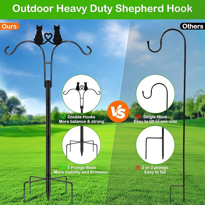 Double Shepherds Hooks for Outdoor, 2 Pack 78 Inch Bird Feeder Pole with 5 Prongs Base, Adjustable Heavy Duty Plant Hangers Cat Art for Outdoor Plants Hummingbird Feeder Hanging Basket Lantern