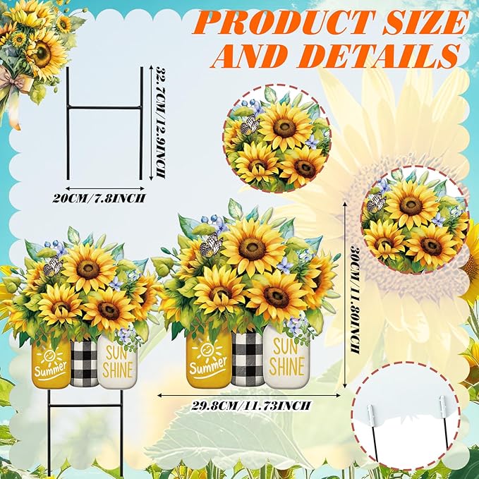 Amyhill Summer Sunflower Outdoor Decor Metal Garden Stakes 25 Inch Summer Welcome Yard Signs Decorations Outdoor Sunflower Decorative Garden Stakes Patio Lawn Walkway Backyard Porch Decorations
