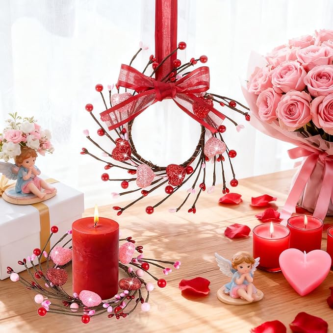 6 PCS Mini Valentine Wreaths for Cabinet Front Door Valentine Wreath Red Pink Glitter Heart and Berry Hanging Valentines Day Wreaths for Window Wedding Birthday Home Wall Porch Decoration