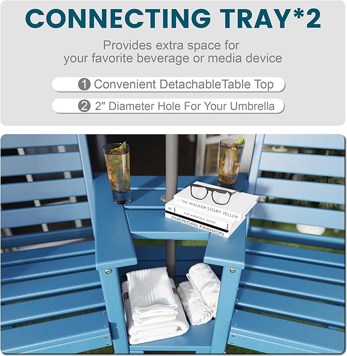 Tall Adirondack Chairs Set of 2, HDPE Balcony Chair, All Weather Adirondack Bar Height Chairs Set of 2 with Two Detachable Tray, Outdoor Bar Stools Set for Bistro, Poolside, Patio, Blue
