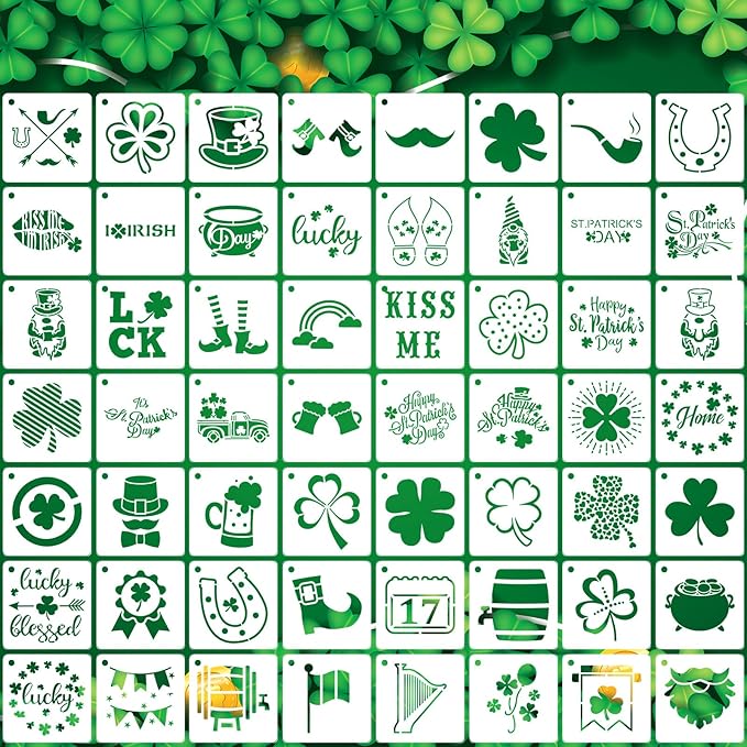 AUGSHY St Patrick's Day Stencils, 56 Pack Clover Theme Templates Stencils for Painting on Wood Ornaments Wood Slice DIY Crafts Fabrics Window St Patrick's Day Party Home Decor (3 Inch)