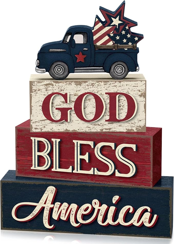 4 Pcs 4th of July Patriotic Table Decor Memorial Day Red White Blue Truck Wood Sign Rustic God Bless America Tabletop Centerpiece Block Independence Day Tiered Tray Decor for Home Office Shelf
