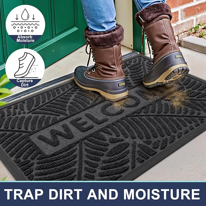 Smiry Welcome Mat Indoor Outdoor, All-Season Waterproof Front Door Mat, Sturdy Natural Rubber Doormat, Non-Slip, Easy Clean, Low Profile Dirt Trapper for Porch Patio Entrance, 47x32, Grey