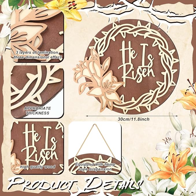 Juexica Easter Cross Door Sign Easter Wall Hanging Decor He is Risen Decorations Religious Wood Hanger for Front Door Front Porch Home Indoor Outdoor Spring Pediments