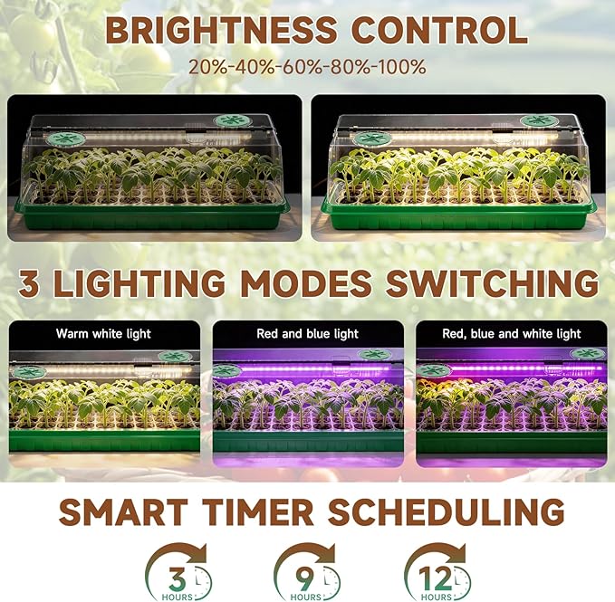 72 Cells Seed Starter Tray with Grow Light, Seed Starter Kit Full Spectrum with 5 Dimmable Brightness & Timer, Indoor Plant Grow Tray for Beginners & Seasoned Gardeners, Gardening Gifts