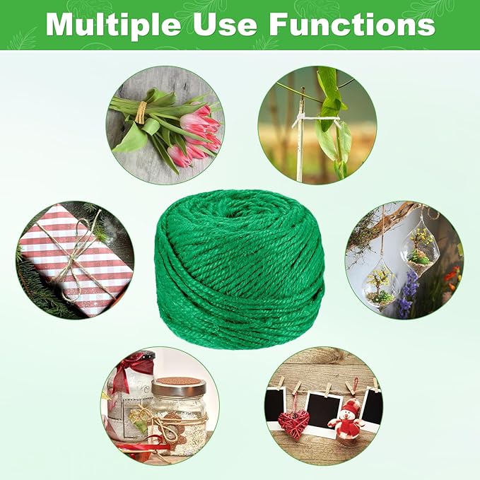 2-Pack Natural Jute Twine String, 3mm x 328ft/100m Long Garden Twine Balls for Crafts/Gift Wrapping/Gardening Plants, Durable Plant Ties Thick Rope [Green]