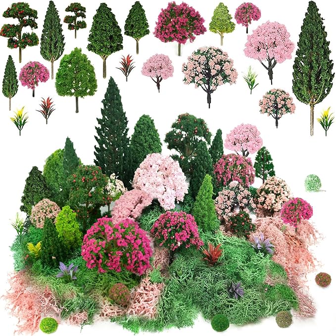 Mixed Model Trees, Model Train Scenery, 37Pcs, Miniature Trees with Moss for Building Model, Natural Green Landscape, Railroad Scenery