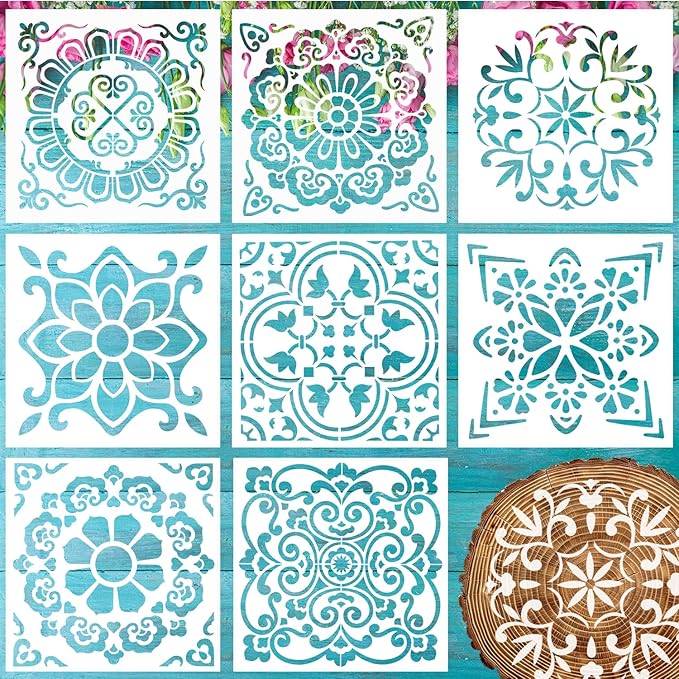 8 PCS Reusable Stencils, Mandala Templates for Painting on Fabric Furniture Wood Floor Wall Tile DIY Art Scrapbook Home Decoration, 5 x 5 Inch