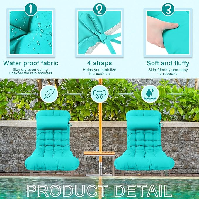 Tudomro 2 Pcs Peacock Blue 66'' Outdoor Chaise Lounge Cushion Waterproof Patio Lawn Pool Chaise Lounge Cushion with Headrest Pillow & Ties Weather Fade Resistant Replacement Longue Chair Pad