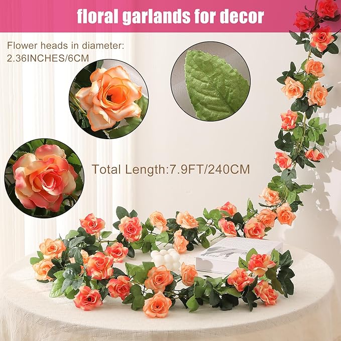 JUSTOYOU 2 Pack (15.8FT) Fake Rose Garland, Artificial Rose Vines Flowers Hanging Silk Rose Vine Wedding Home Backdrop Party Arch Arrangement Decoration
