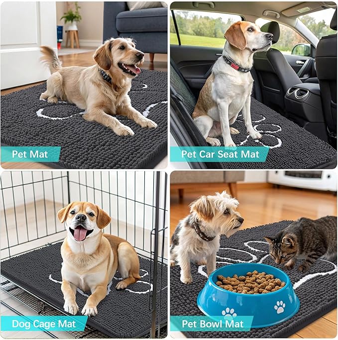 OLANLY Dog Door Mat for Muddy Paws 59x24, Paw Print Design, Absorbs Moisture and Dirt, Absorbent Non-Slip Washable Doormat, Quick Dry Chenille Mud Mat for Dogs, Entry Indoor Entryway Carpet, Dark Grey