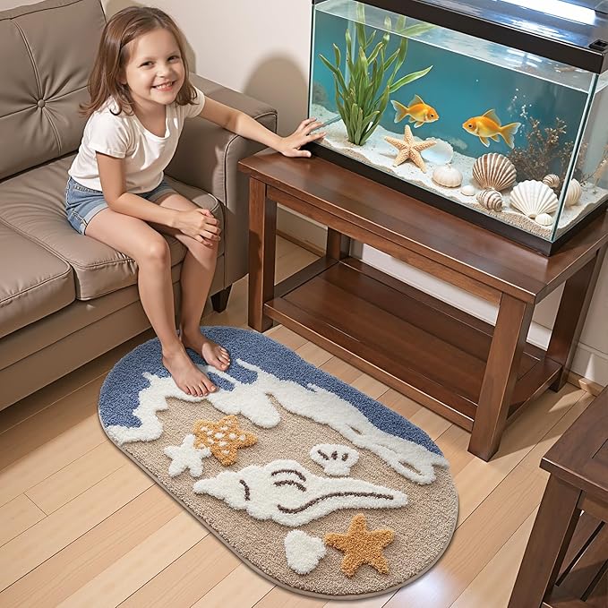 LUMI Beach Bathroom Rugs, Non Slip Bath Mat Ultra Soft Washable Absorbent Quick Dry, Ocean Sea Theme Bath Rug with Starfish Shell for Shower Floor, Kitchen Decor, Kids Room, 22"x34"