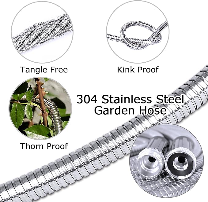 TheFitLife Flexible Metal Garden Hose - Upgrade Leak and Fray Resistant Design, Stainless Steel Water Hose with Solid Fittings and Sprayer Nozzle, Lightweight Kink Free Durable Easy Storage (25 FT)