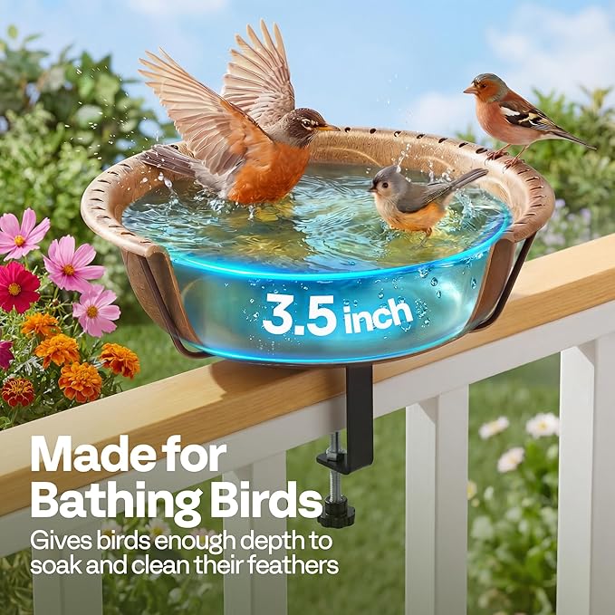 VIVOHOME Deck Mounted Bird Bath for Outside, Weather-Resistant ABS Bird Bath and Feeder with Adjustable Metal Clamp for Railing, Fence, Balcony, 1.45 Gallons, Copper