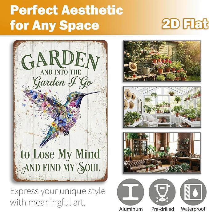 Vintage Hummingbird Garden Tin Sign - "Into The Garden I Go" Inspirational Quote - 8x12 Aluminum Floral Bird Wall Art - Rustic Farmhouse Patio Decor - Metal Sign Perfect Gardening Gift for Shed, Mom, Grandma