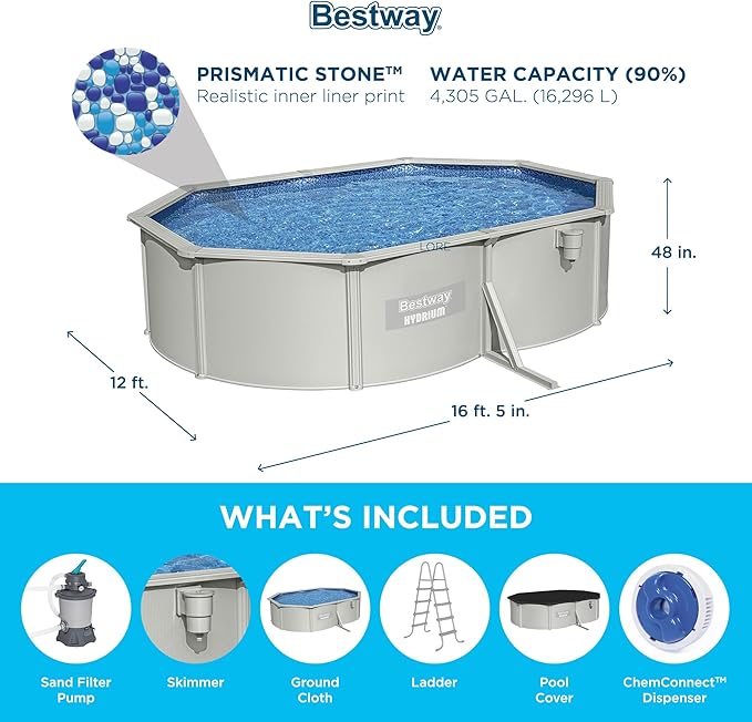Bestway Hydrium 16’5” x 12' x 48" Above Ground Pool, Oval Steel Side Wall Frame Outdoor Swimming Pool Set with Sand Filter Pump, Ladder & Accessories