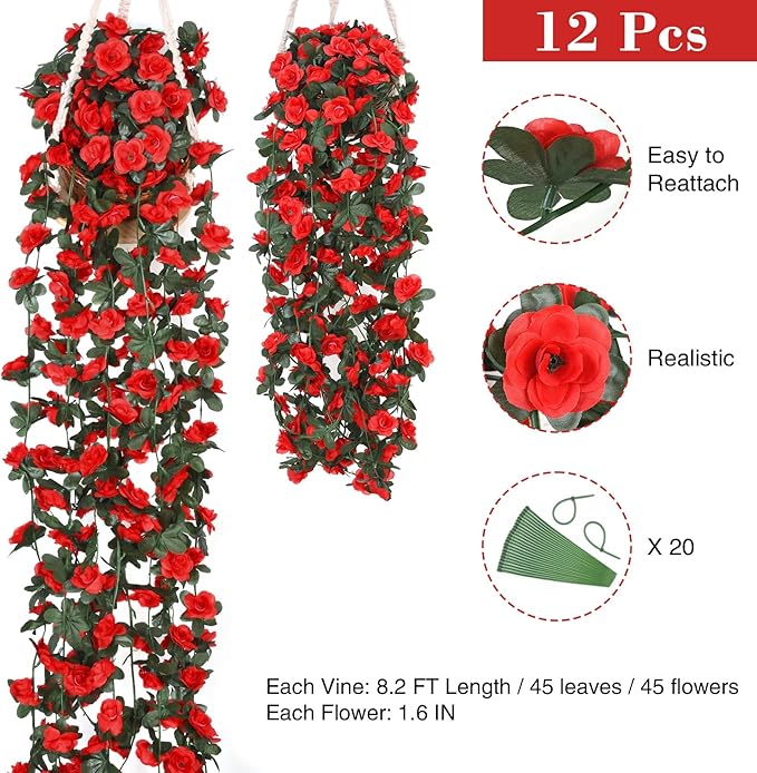 BLEUM CADE 12Pcs 98.4Ft Flower Garland Artificial Rose Vines for Bedroom, Cute Fake Hanging Flower Vines Floral Garland Decorations for Wedding Party Wall Room Decor Aesthetic
