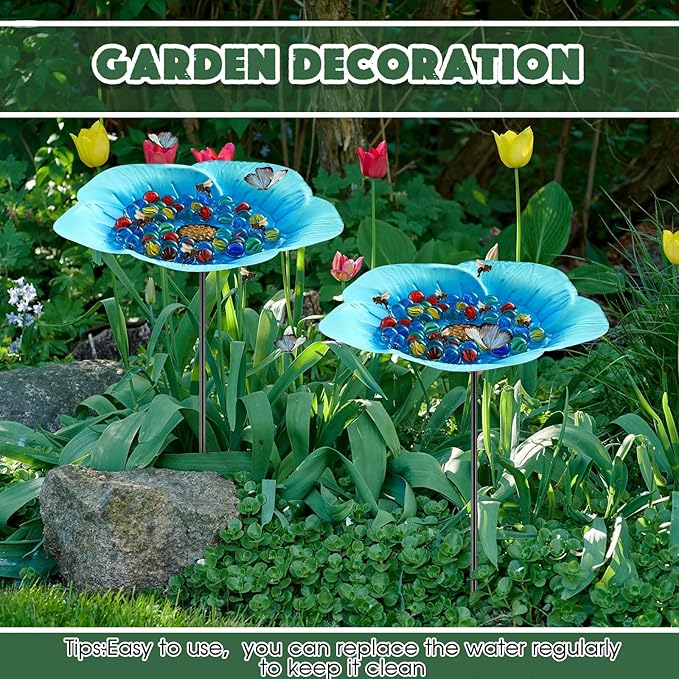 Tandefio Vivid Flower Bee Watering Station Metal Butterfly Water Feeder Cup with 30 Colorful Glass Marbles Bee Feeder Butterfly Bath Bowl for Garden Outdoor Yard Decors(Blue,Flower)