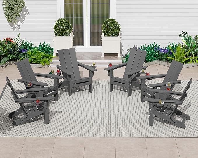 SERWALL Outdoor HDPE Adirondack Chair Set 2，Folding Adirondack Chair with Cup Holders, All Weather Resistant Modern Adirondack Chair, Gray