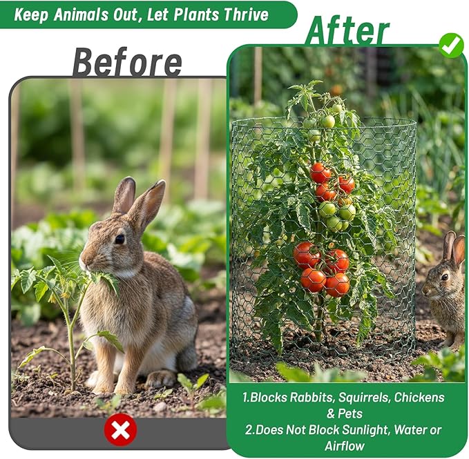 Convivium Plant Protectors from Animals, 0.8mm Free-Cut Green Chicken Wire Mesh, PVC Coated Tree Trunk Guard & Garden Fence for Outdoor Plants with Zip Ties, Stakes, Pliers, Gloves（16.4Ft*16In）