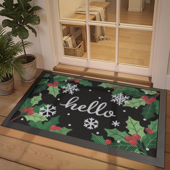 DEXI Front Door Mat Outside Entrance, 2x3 Spring Welcome Entryway Doormat Dirt Trapper, Heavy Duty Non Slip Entry Mats for Patio Garage Porch Home, Green Hello