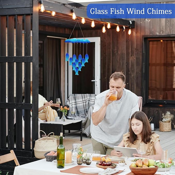 Sea Glass Fish Wind Chimes for Outside, Windchimes Outdoors Unique, Patio Beach Outdoor Home Garden Decor, Windchimes Outdoors, Memorial Garden Christmas Decoration Gifts