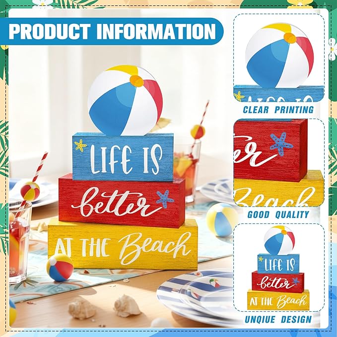4 Pcs Summer Table Decor Rustic Beach Ball Wooden Signs Life Is Better at The Coastal Tiered Tray Decor Farmhouse Summer Centerpieces for Tabletop Home Office Desk Shelf Pool Party Decorations