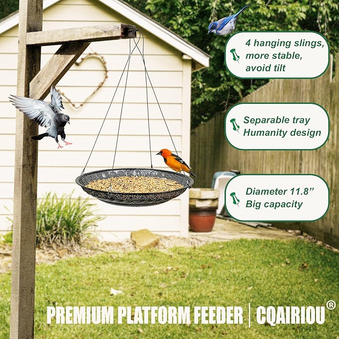 Upgraded Hanging Bird Feeder Tray (2 Sets),11.8” Stainless Steel Large Platform Open Bird Seed Tray for Outside Wild Birds