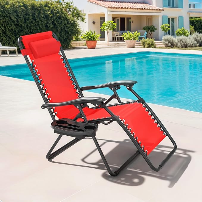 Magshion Zero Gravity Lounge Chair, Adjustable Folding Recliner with Cup Holder Side Tray & Removable Headrest Pillow, Portable Outdoor Patio Lounger for Camping, Beach, Lawn, Backyard, Red