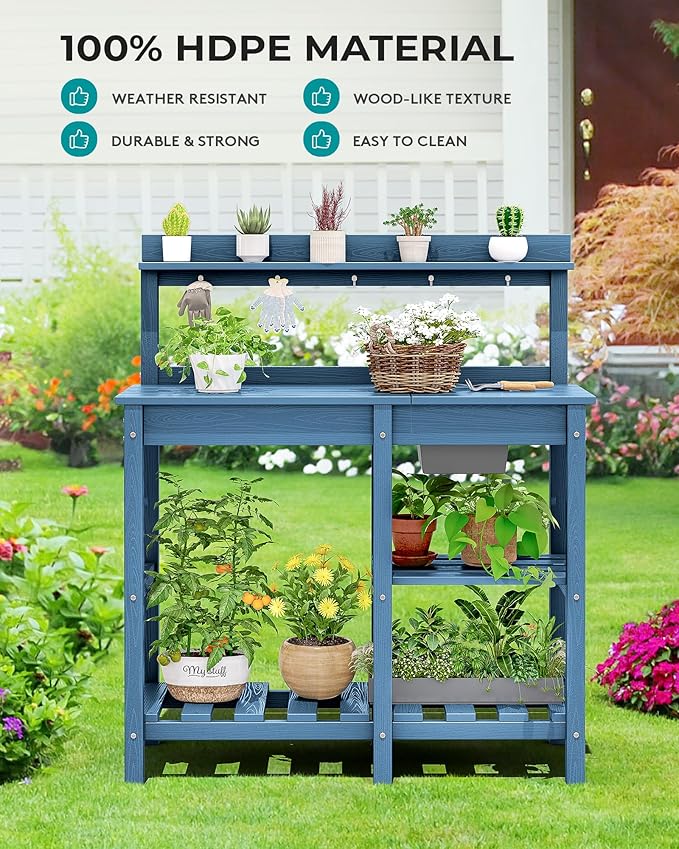 SERWALL Outdoor Potting Bench with Removeable Sink,Rot-Resistant HDPE Potting Table for Outside Gardening, All Weather Use - Blue