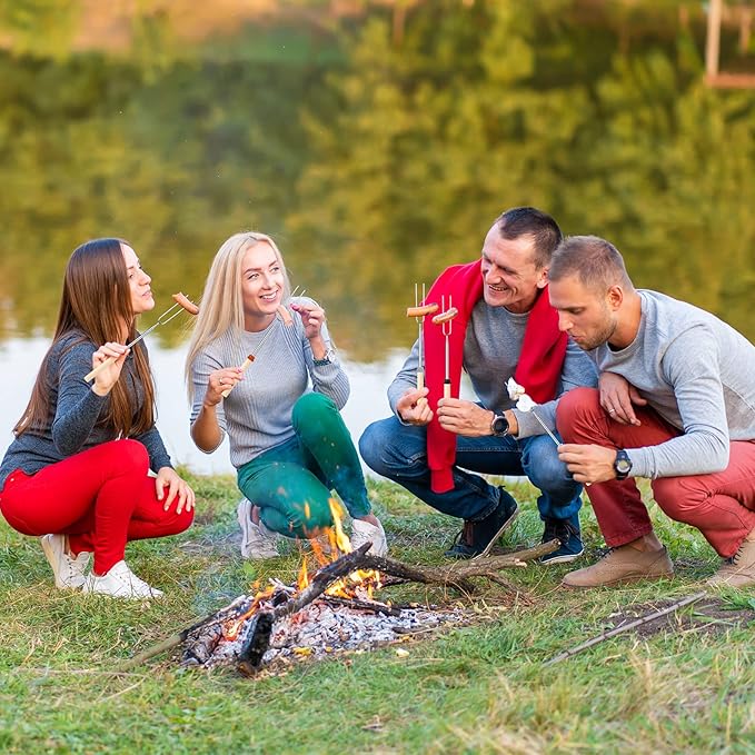 Eccliy 48 Pcs Roasting Sticks Campfire Smores Skewers for Fire 32 Inch Long Extendable Fork Smores Sticks with Wooden Handle 4 Pcs Storage Bag for Cooking Grill Hot Dog Camping Accessories
