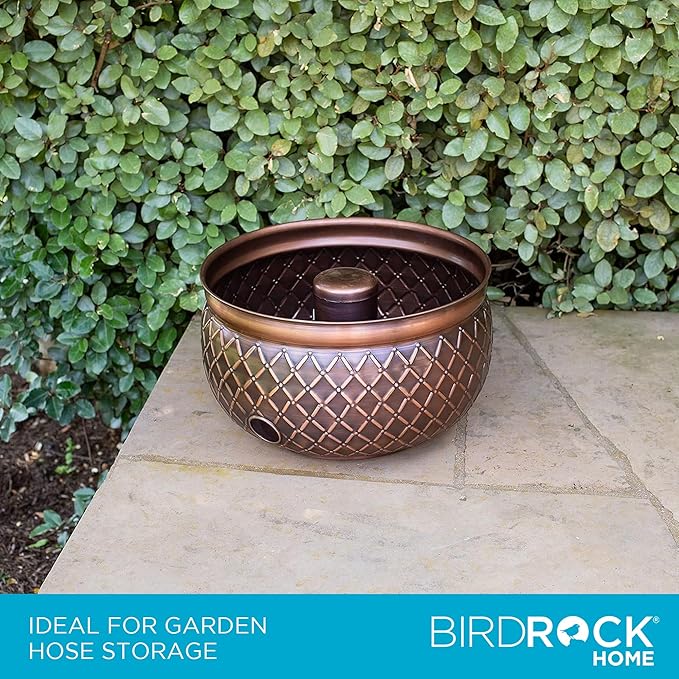 BIRDROCK HOME Water Hose Holder - Decorative Metal Pot, Indoor or Outdoor, Garden Storage Organizer, Patio Portable Bucket - Embossed Steel w/Copper Accents, Holds up to 100ft Hoses