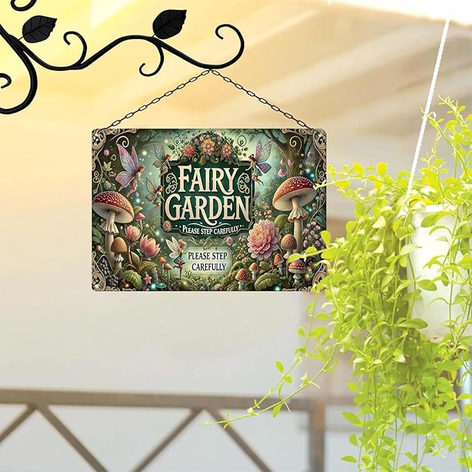 Gardening Gifts Vintage Garden Metal Sign "FAIRY GARDEN" Retro Gardening Tin Plate Wall Decor for Home Garden Yard Cottage Greenhouse Outdoor Decor (8x12 Inch)