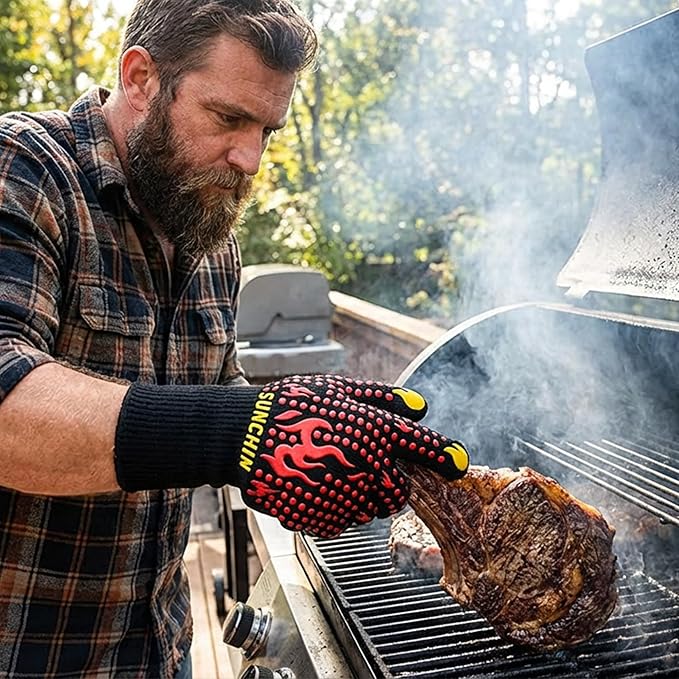 BBQ Fireproof Gloves, Grill Cut-Resistant 1472°F Heat Resistant Gloves, Non-Slip Silicone Oven Gloves, Kitchen Safe Cooking Gloves for Oven Mitts,Barbecue,Cooking, Frying,13 Inch 2pc