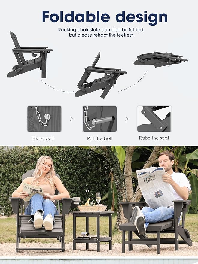 KINGYES Adirondack Rocking Chair Set of 4 with Retractable Ottoman and Cup Holders, HDPE Adirondack Rocker Patio Rocking Chair for Porch, Patio, Balcony, Leaden Grey