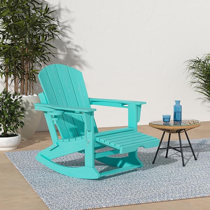 KINGYES Adirondack Rocking Chair with Retractable Ottoman and Cup Holders, HDPE Adirondack Rocker Patio Rocking Chair for Porch, Patio, Balcony, Aqua Blue
