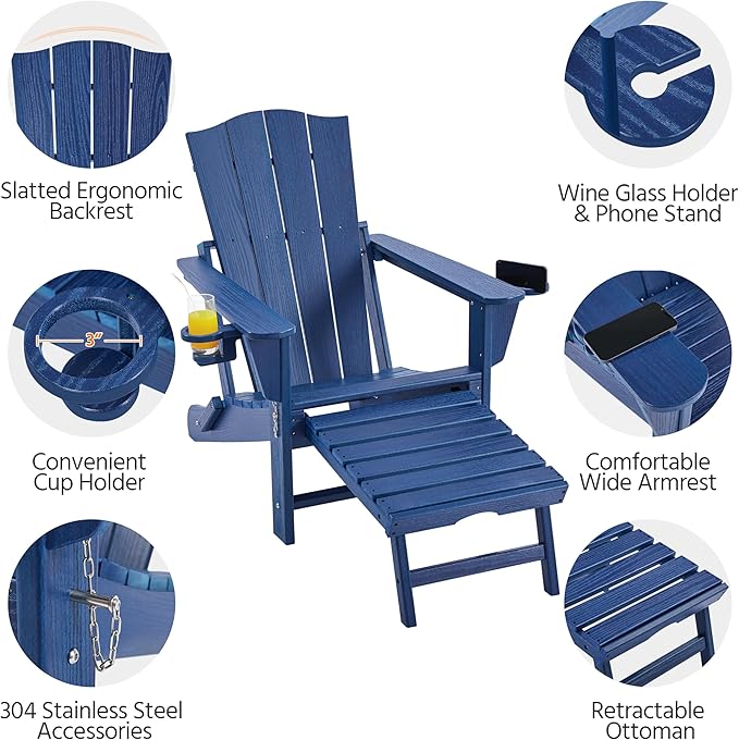 Yaheetech Adirondack Chair with Retractable Ottoman, All Weather Patio Folding Fire Pit Chair with Cup Holder and Phone Holder for Outdoor Poolside, Navy Blue, 2 pcs