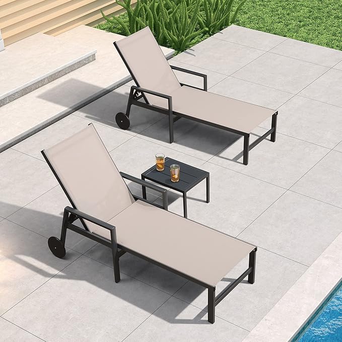 PURPLE LEAF Patio Chaise Lounge 4 Pieces Aluminum Recliner Chair with Wheels and Armrests Lounger for Lawn Backyard Beige Outdoor Lounge Chair