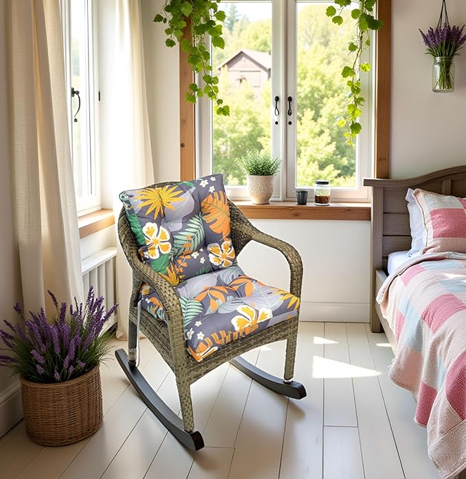 Floral Outdoor Chair Cushions Waterproof Tufted High Back Wricker Chair Cushion with Ties for Indoor Patio Furniture 41.7"*20.8"*3.5" Navy Floral