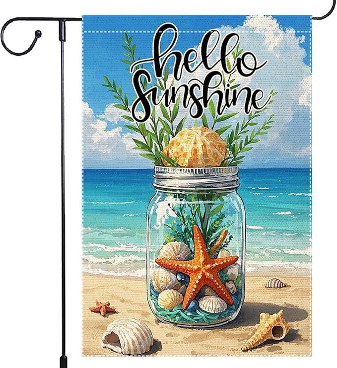 Hello Sunshine Garden Flag Starfish Mason Jar Summer Garden Flags 12x18 inch Vertical Double Sided Sea Shell Coastal Burlap Outdoor Lawn Beach Decorations