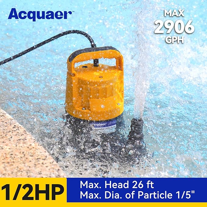 Acquaer Sump Pump Submersible Water Pump for Water Removal in Hot Tubs, Pools, Basements, and Garden Ponds, 1/2HP 2906GPH