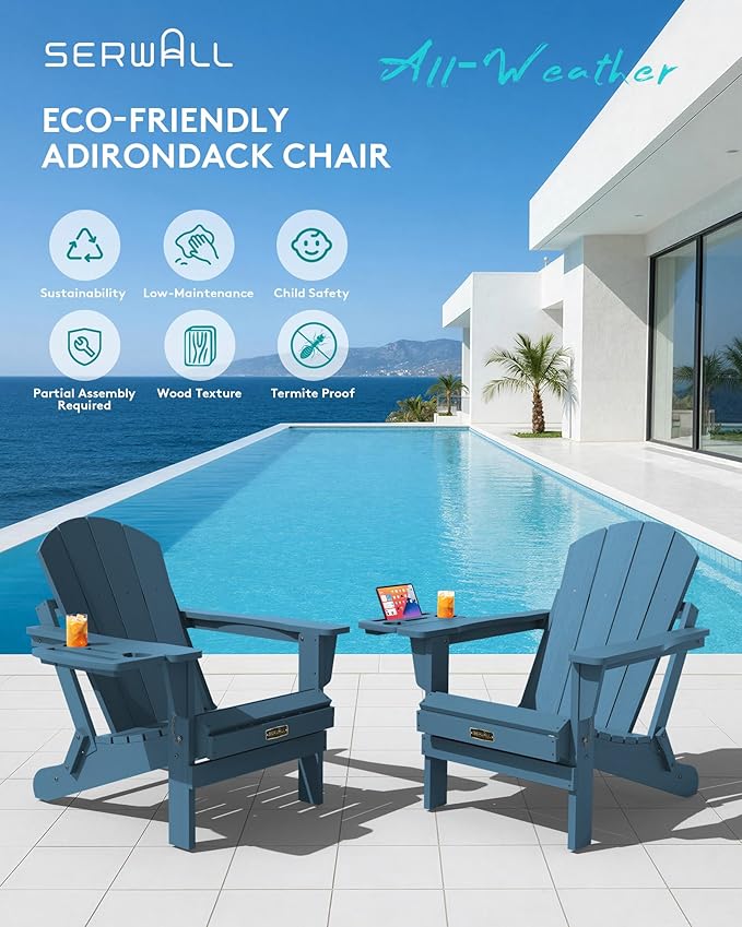 SERWALL Foldable Adirondack Chair Set of 2, Adirondack Chairs with 4 in 1 Cup Holder, Weather Resistant Plastic Chair for Patio Garden Outdoors Fire Pit-Blue