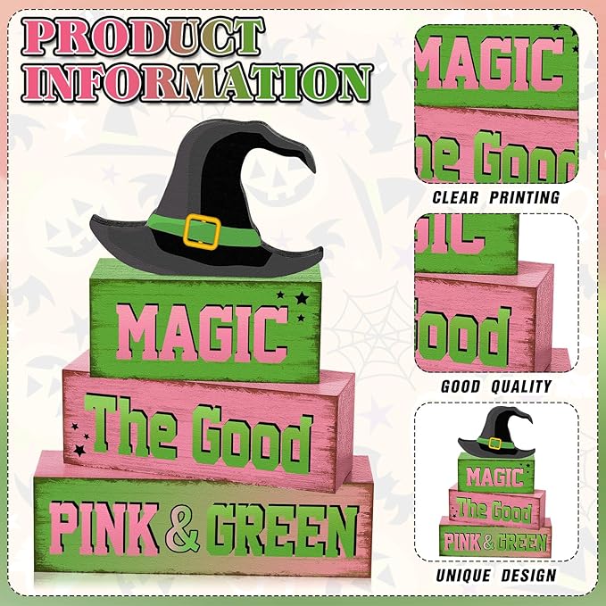 4 Pcs Pink Green Party Decorations Witch and Princess Table Decor Witchy Hat Wooden Signs Farmhouse Pink Green Witch and Princess Table Centerpiece for Home Office Desk Shelf Party Decorations