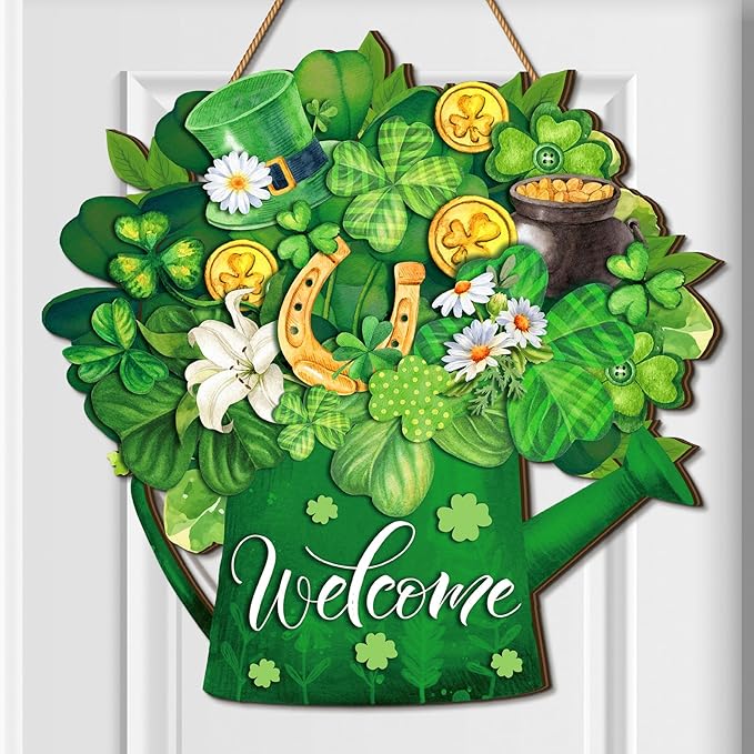 Juexica St. Patrick's Day Welcome Door Sign Lucky Hanging Decor St. Patrick's Day Wooden Sign Irish Decorations Lucky Shamrock Door Hanger for Outdoor Porch Home Living Room
