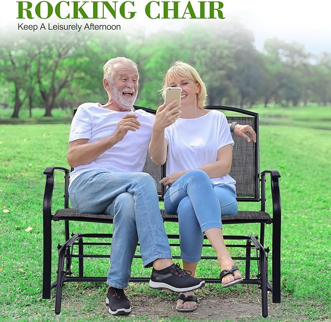 Backyard Expressions 2-Person Outdoor Glider Bench, Patio Double Swing Rocking Chair Loveseat w/Powder Coated Steel Frame for Backyard Garden Porch, Black Frame - Heathered Grey Sling Fabric