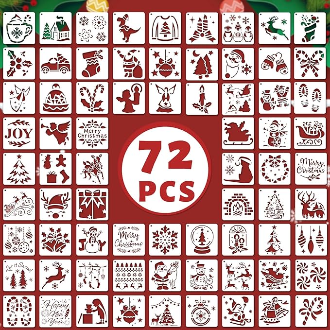 72 PCS 3x3 Inch Christmas Stencils for Painting - Snowflake Santa Claus Christmas Tree Reusable Christmas Painting Templates on Wood, Glass, Fabric, Window Door Decor DIY Decoration