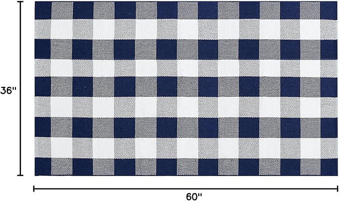 SEEKSEE Cotton Buffalo Plaid Rug 3'x5' Navy Blue and White Checked Rug Washable Doormats Indoor Outdoor Rugs for Layered Front Door Mats, Porch, Kitchen, Farmhouse, Entryway