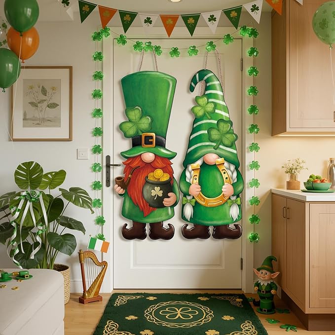 Thyle 2 Pcs Wooden St. Patrick's Day Gnomes Sign 32.3 x 12.2 Inch Irish Hanging Gnomes Front Door Decor Shamrock Lucky Green Hanger for Outdoor Indoor Front Porch Home Wall Supplies