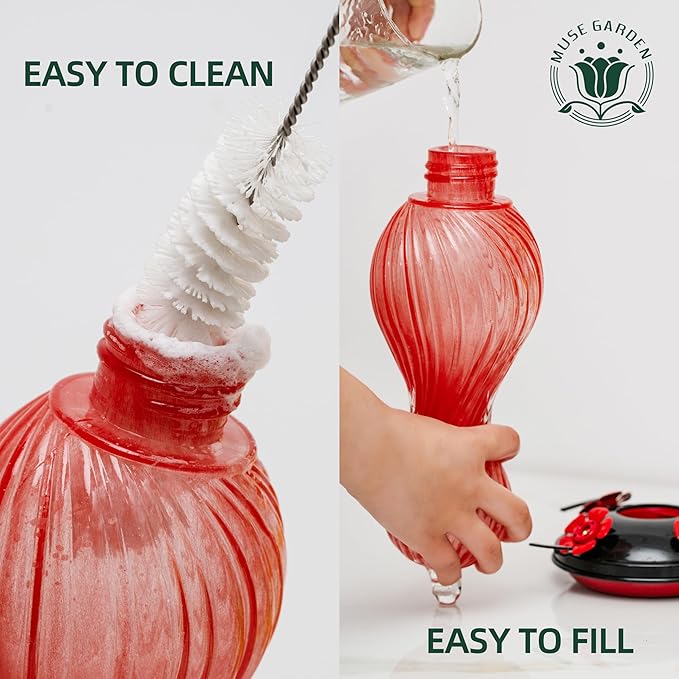 Hummingbird Feeder for Outdoors Hanging, Hand Blown Glass 24 OZ Capacity Hummingbird Bird Nectar Feeders with 4 Feeding Ports, Gifts for Women Mom Outside Garden Backyard Decor